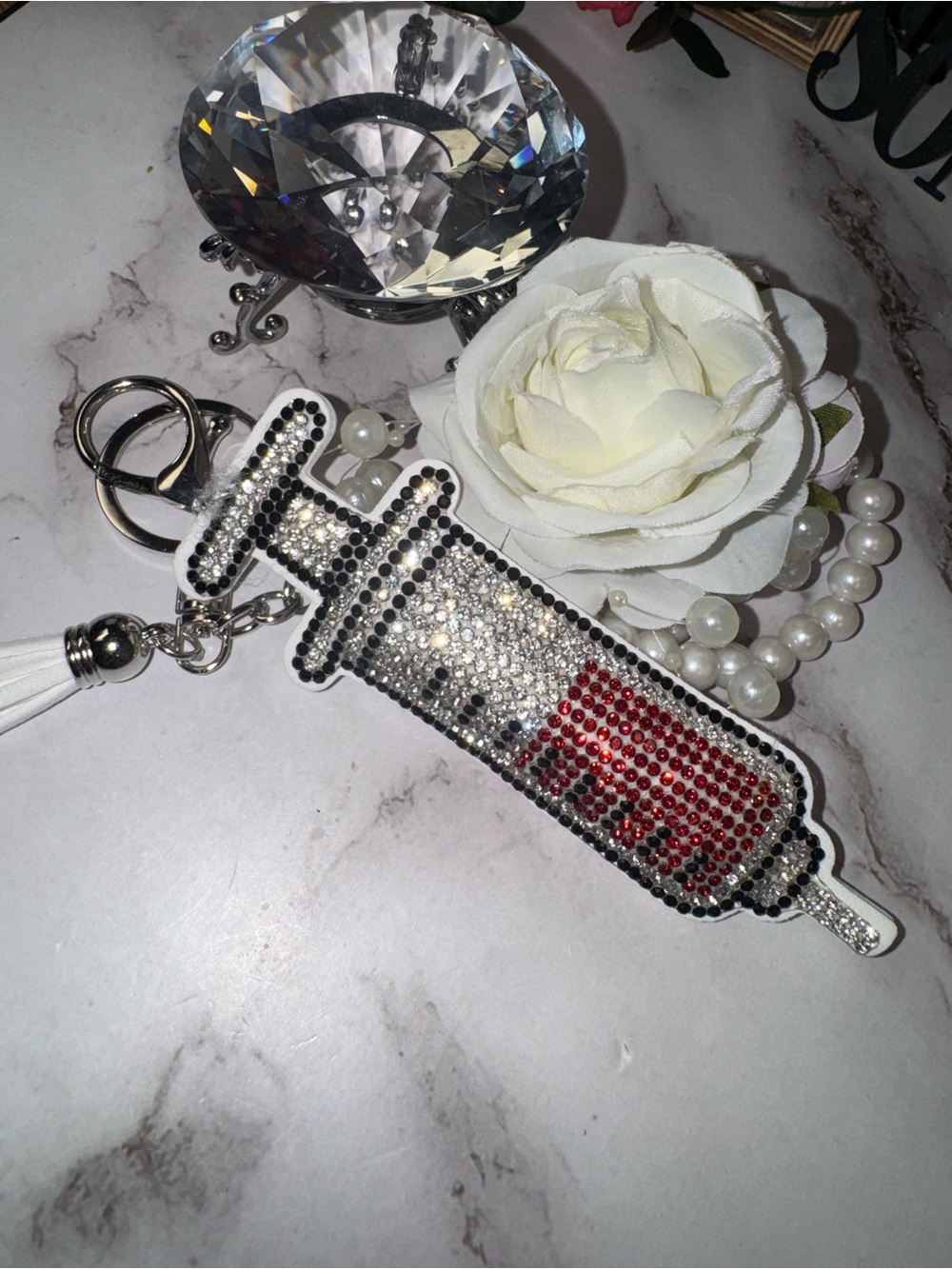 Crystal Syringe Keychain Charm - White and Red Accent